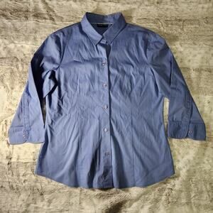 New York & Company Blue Stretch Button-up 3/4 Sleeve Shirt Blouse Size L